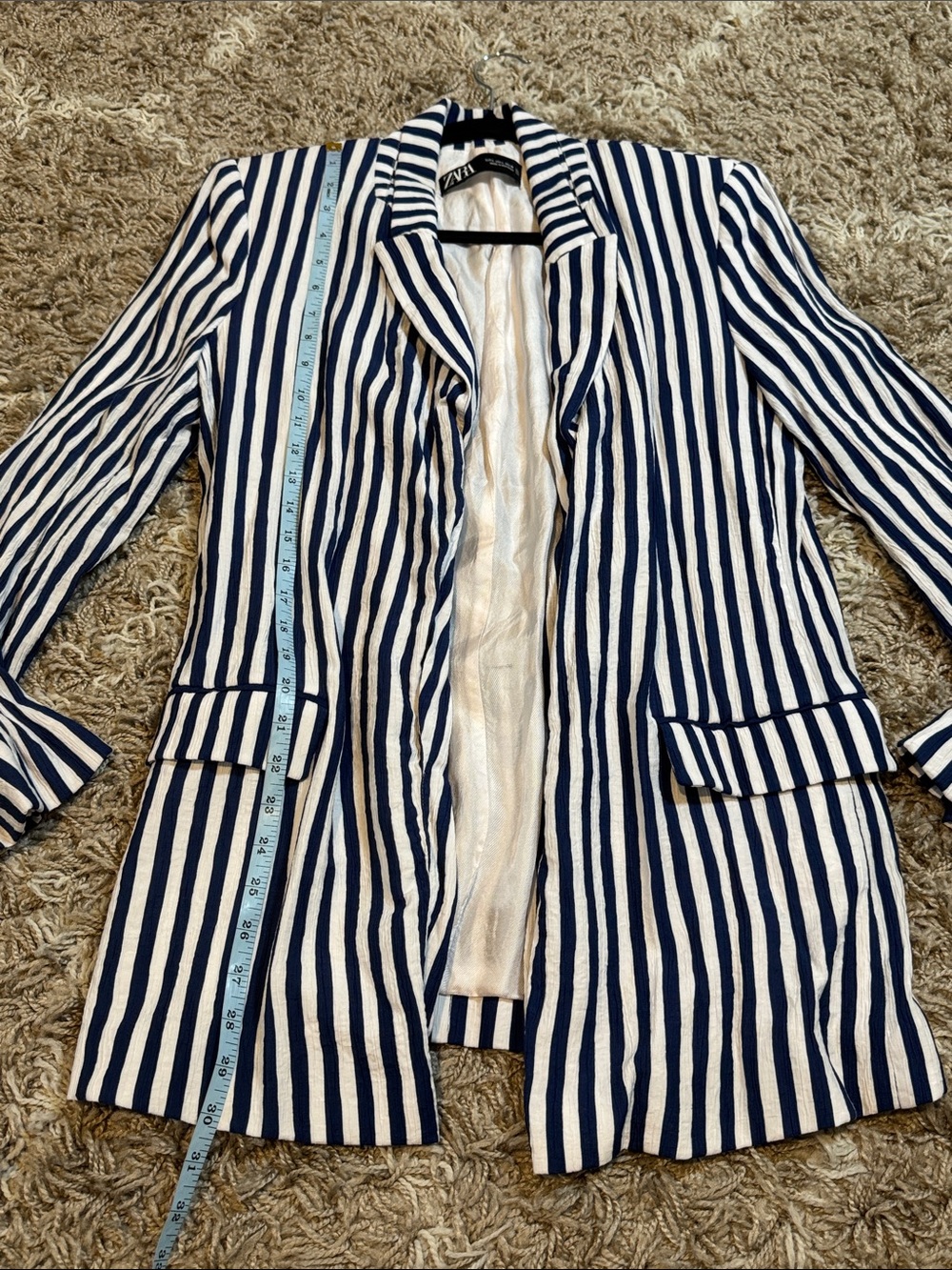 Zara Lightweight Crinkle Striped Navy & White Blazer size Large - Picture 10 of 11